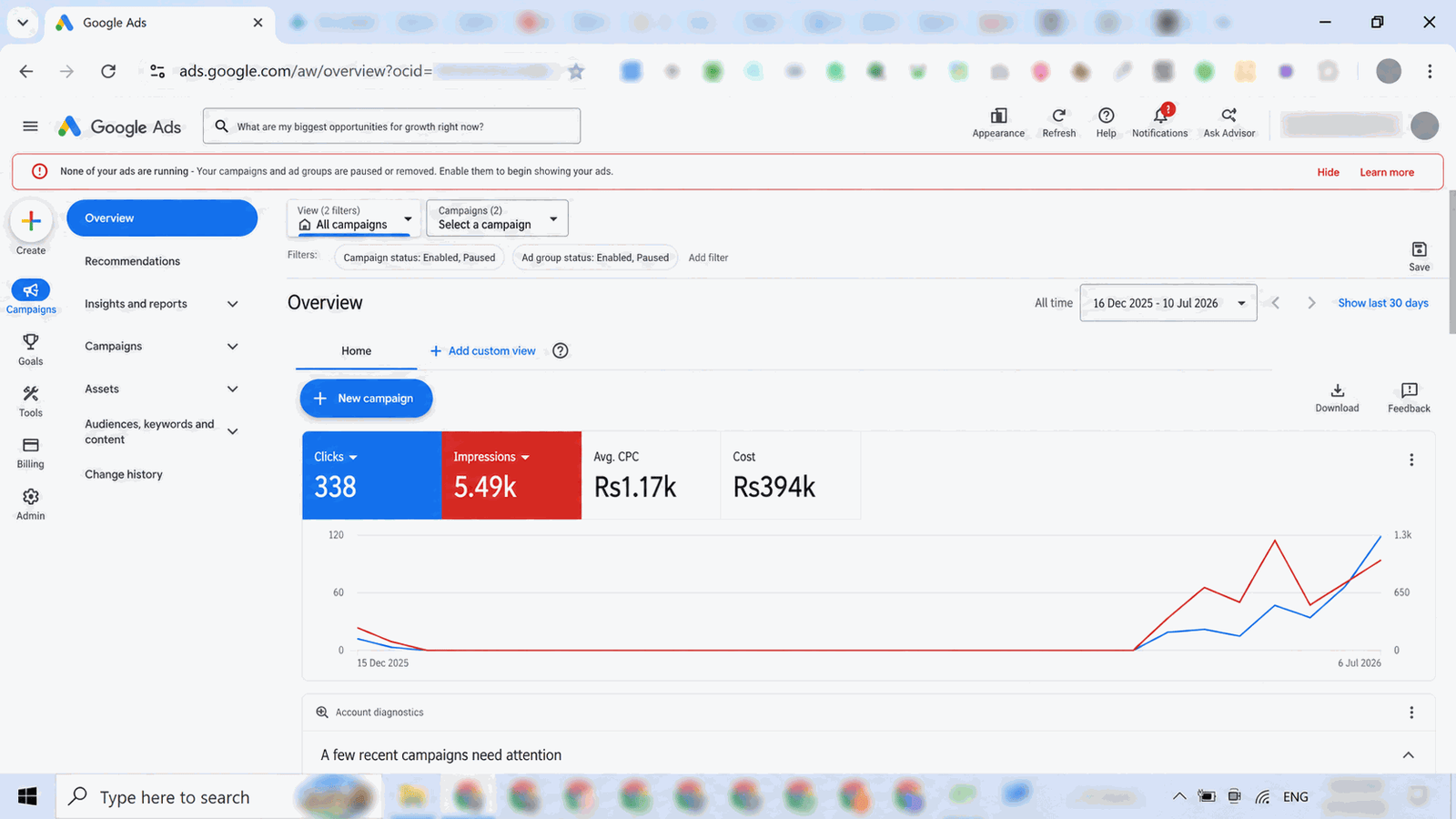 Anonymised Google Ads campaign performance screenshot 1