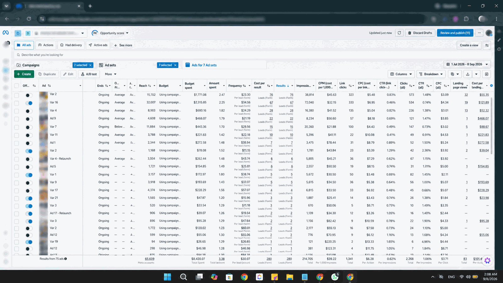 Meta Ads Manager results, account details removed